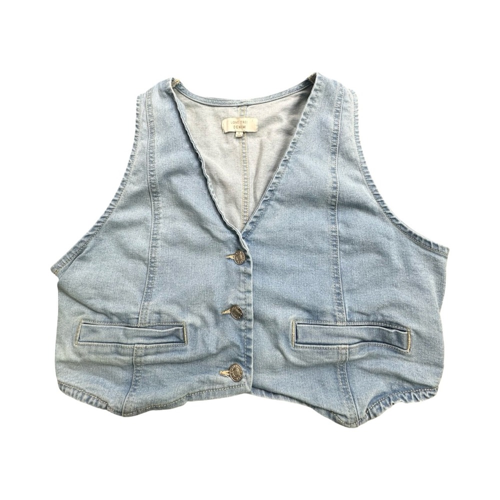 Love Tree Denim Vest‎ Womens L Blue Light Wash Cropped Button Front 5126VH Boho